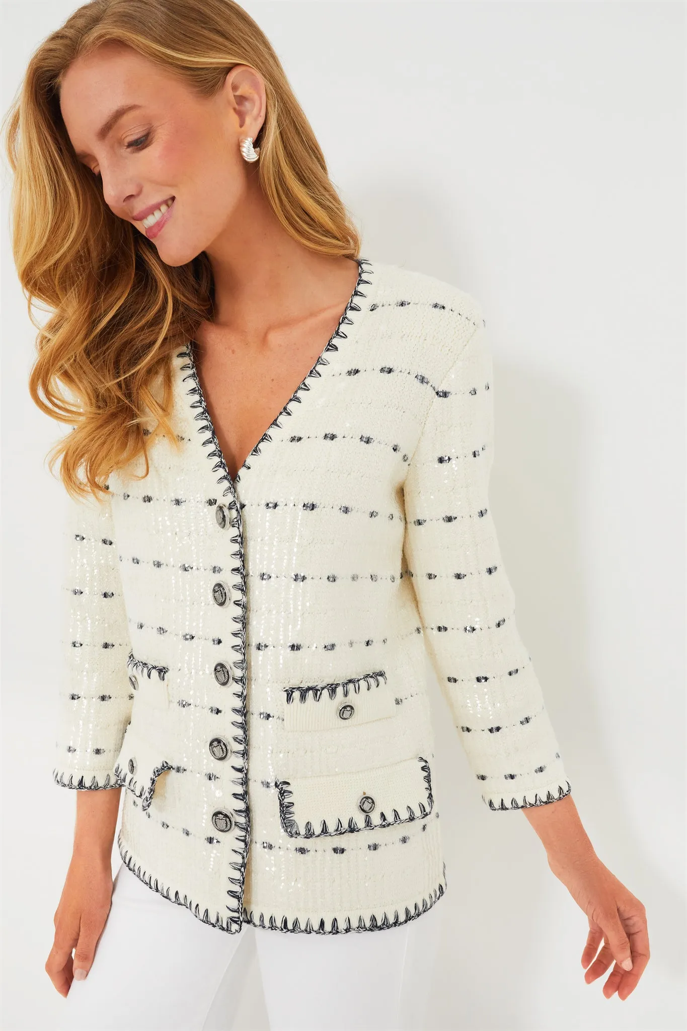 Off White and Navy Ceriani Knit Jacket with Sequins