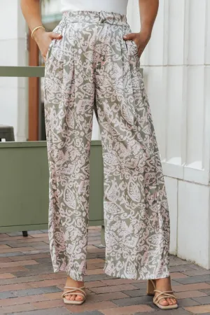 Olive Floral Print Satin Palazzo Pants - FINAL SALE