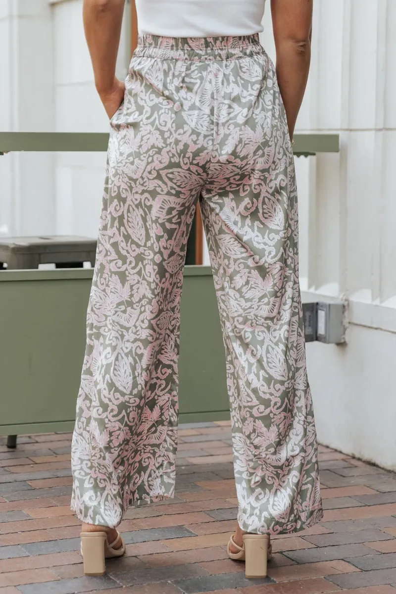 Olive Floral Print Satin Palazzo Pants - FINAL SALE