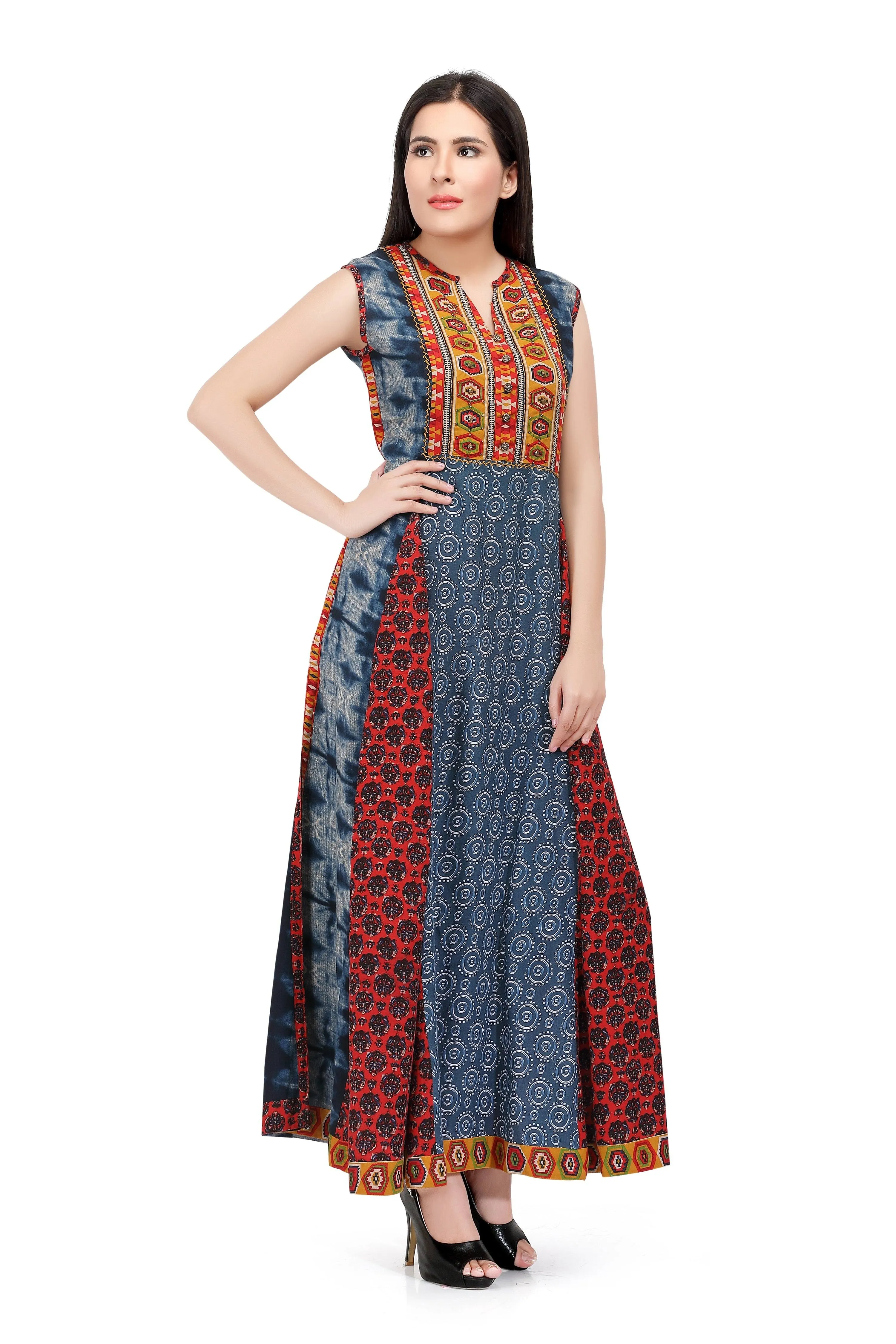 Readymade Sabhyata Blue and Red Soft Rayon Cotton Kurti