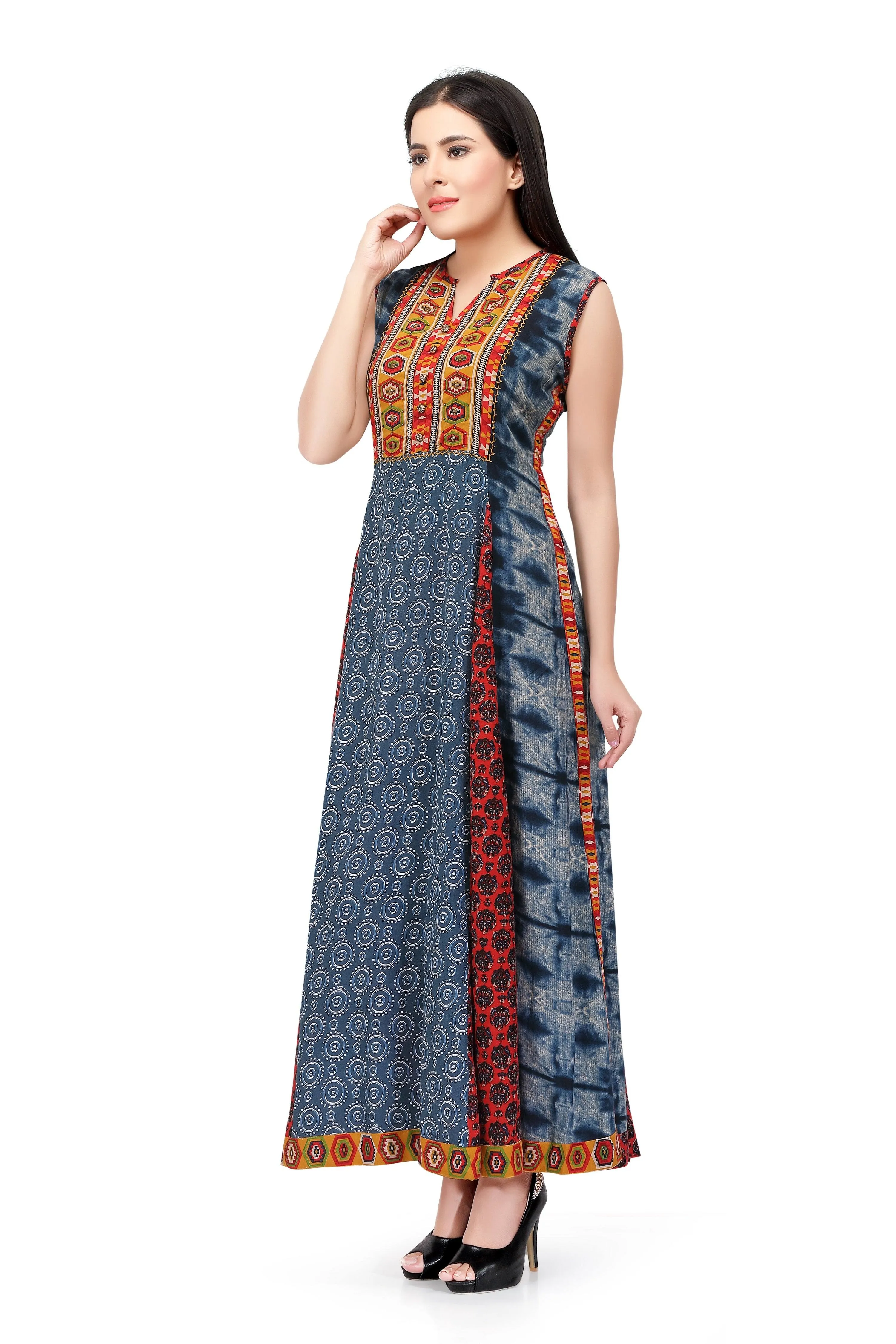 Readymade Sabhyata Blue and Red Soft Rayon Cotton Kurti