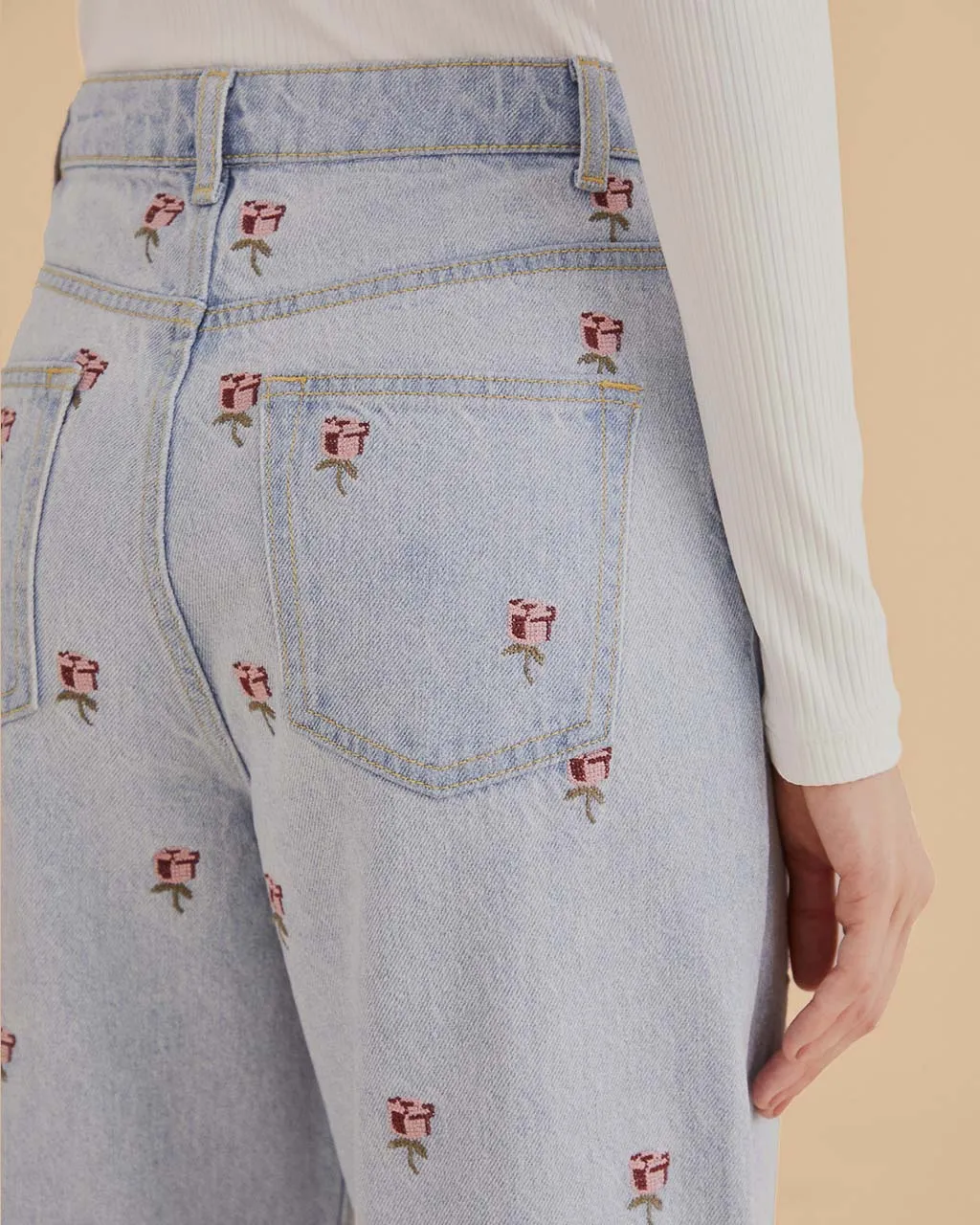 Rose Embroidery Denim Pants