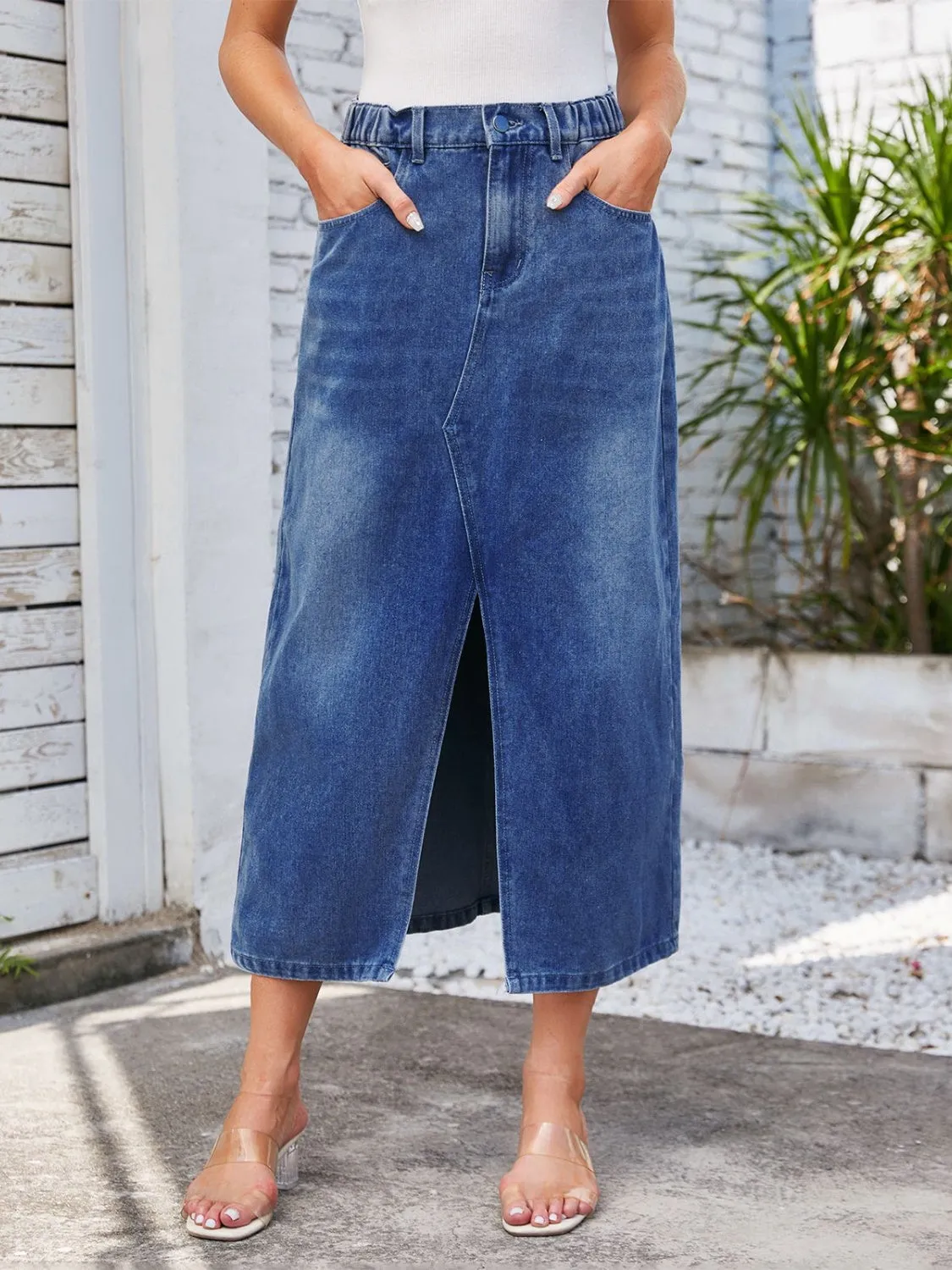 Slit Midi Denim Skirt with Pockets New Women's Fashion Long Jean Skirt Maxi