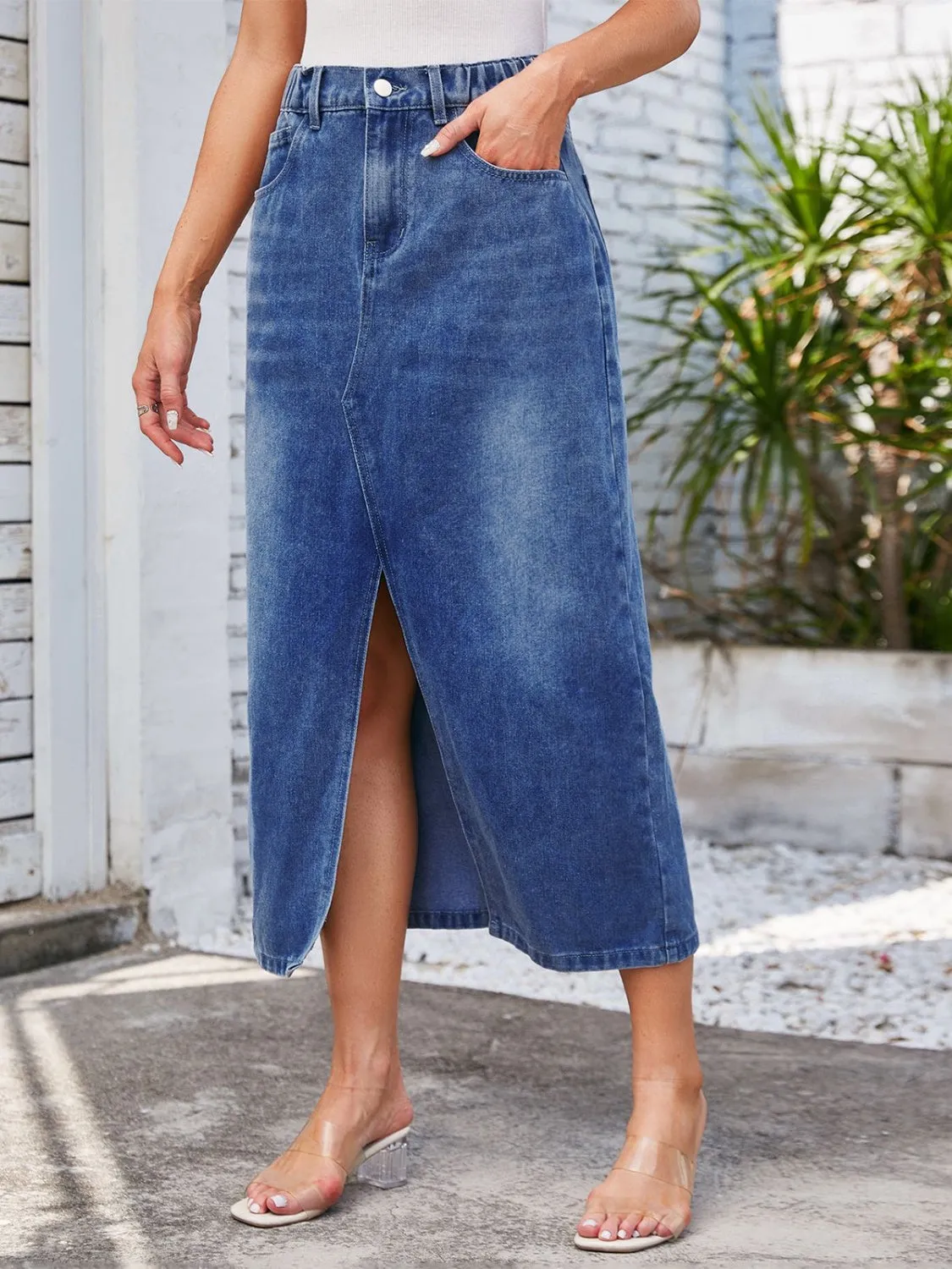 Slit Midi Denim Skirt with Pockets New Women's Fashion Long Jean Skirt Maxi