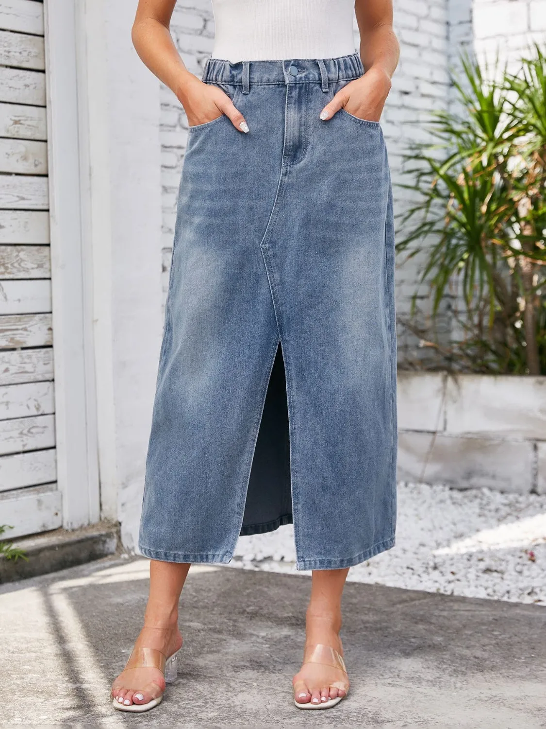 Slit Midi Denim Skirt with Pockets New Women's Fashion Long Jean Skirt Maxi