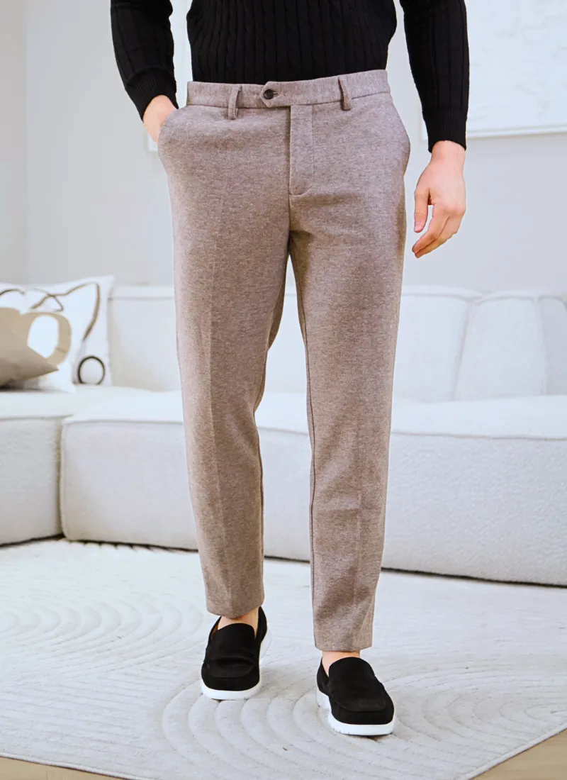 Thickened Melange Wool-Mix Trousers - Stone