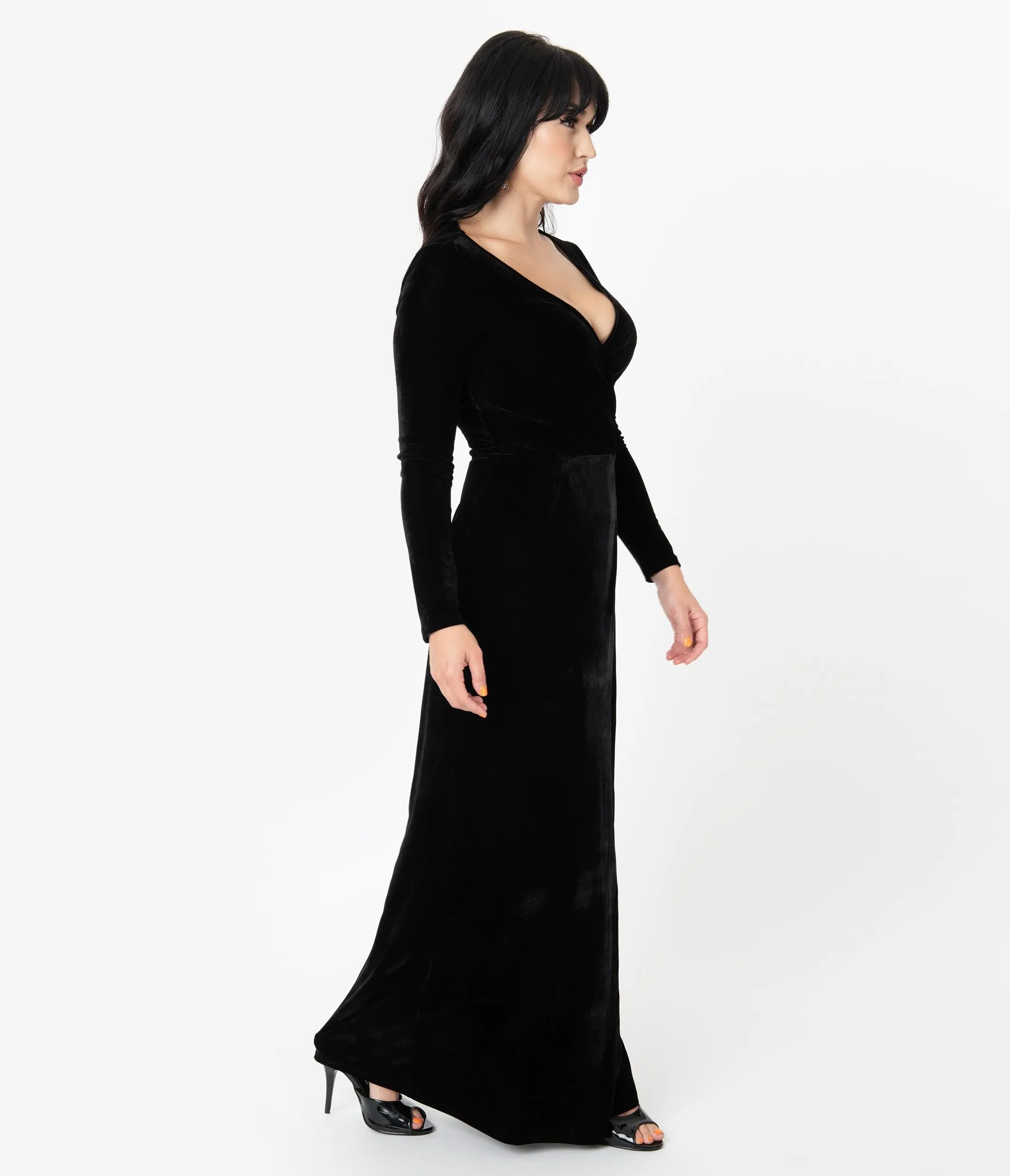 Unique Vintage Black Velvet Sleeved Warner Faux Wrap Dress