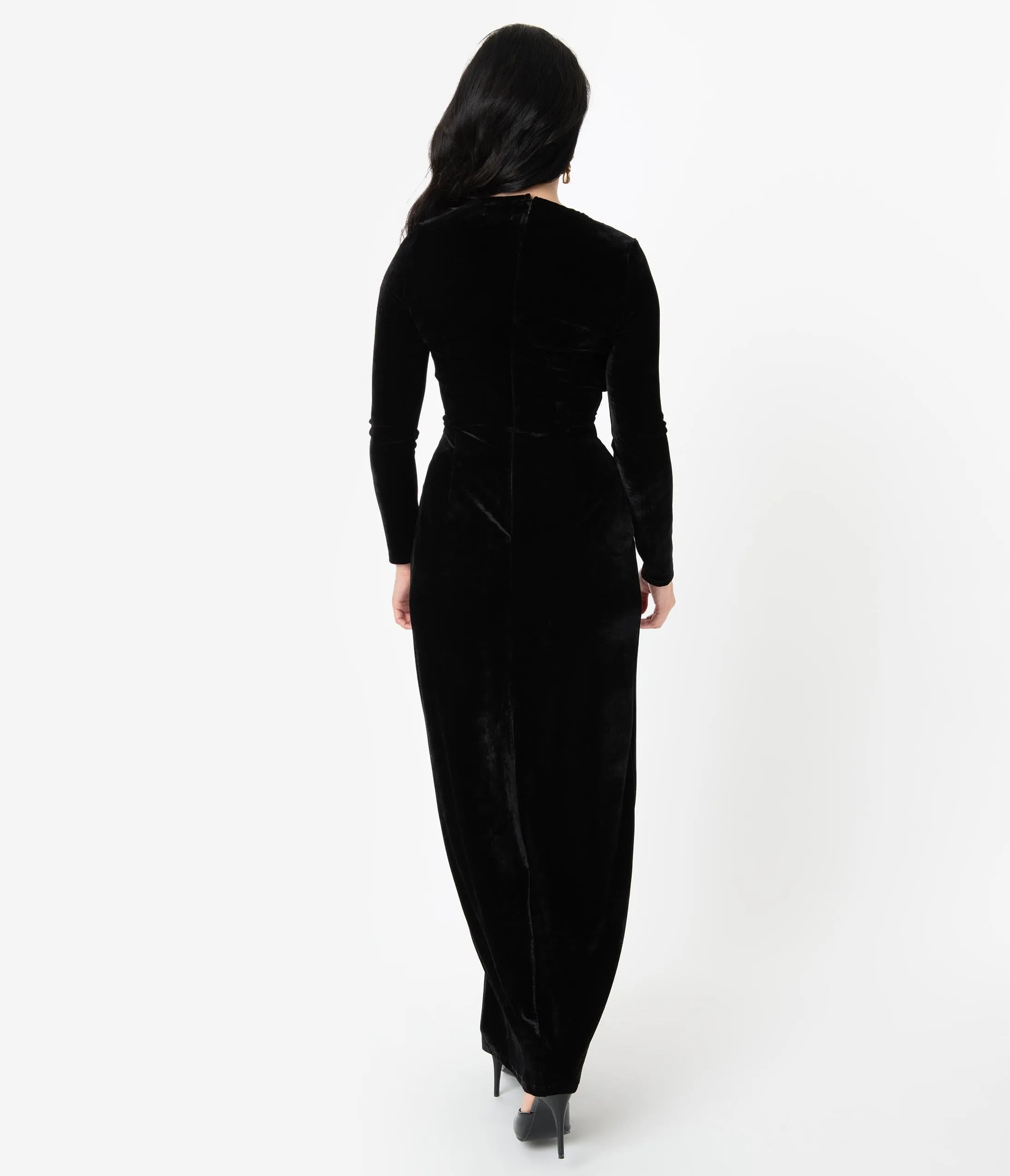 Unique Vintage Black Velvet Sleeved Warner Faux Wrap Dress