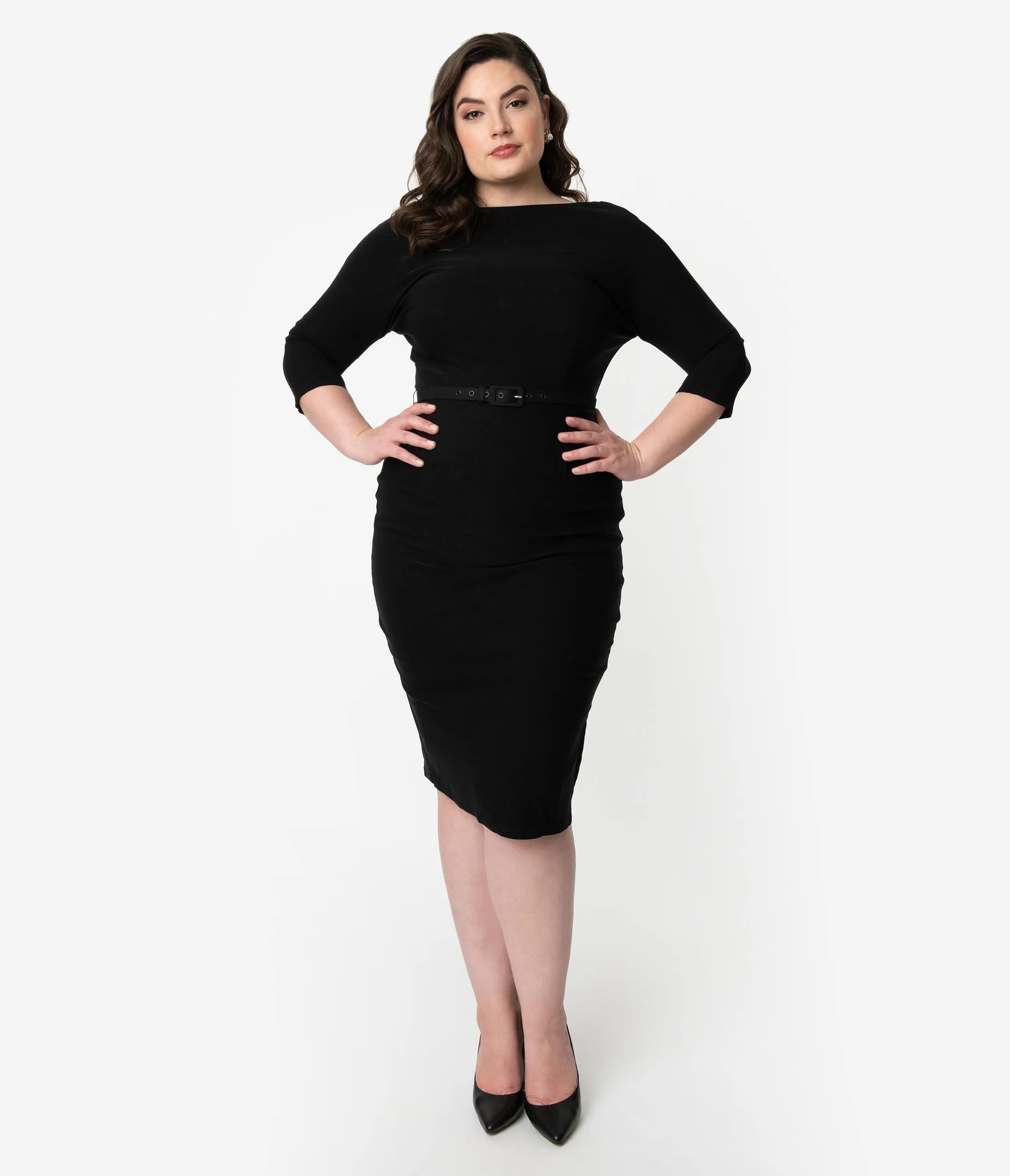 Unique Vintage Plus Size 1940s Style Black Stretch Sleeved Adelia Wiggle Dress