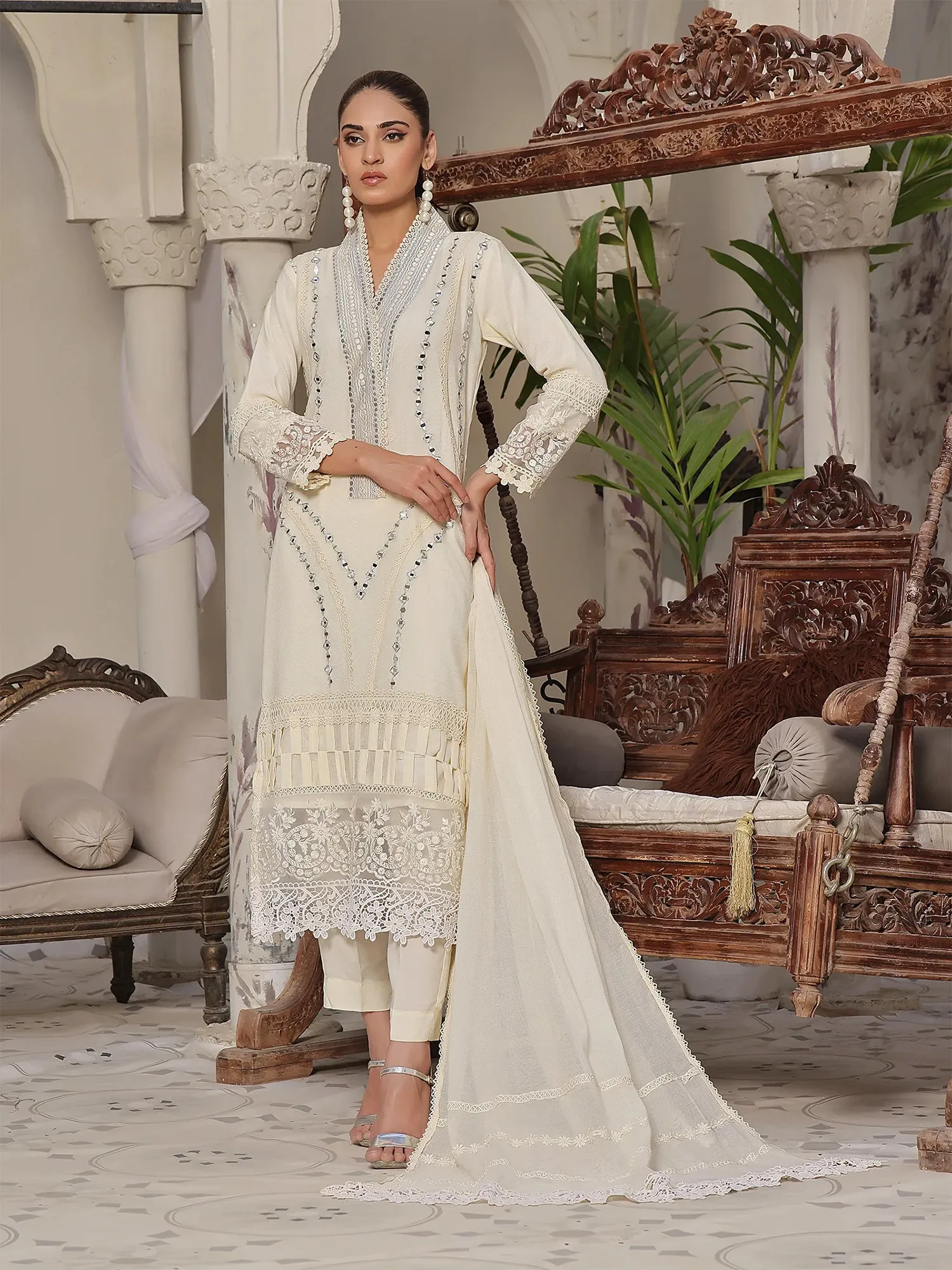 Wardah Uzair "Noori" Luxury Cotton Net Suit - Cream