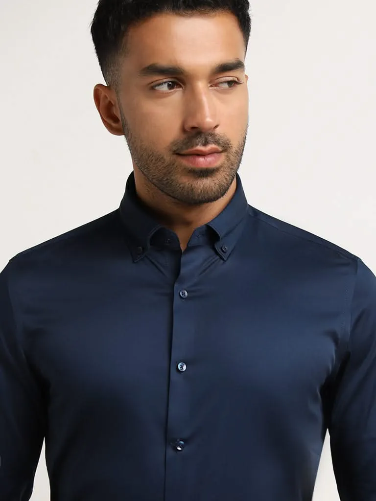 WES Formals Indigo Solid Cotton Blend Slim Fit Shirt