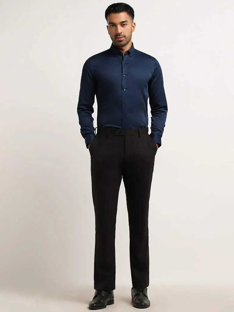 WES Formals Indigo Solid Cotton Blend Slim Fit Shirt