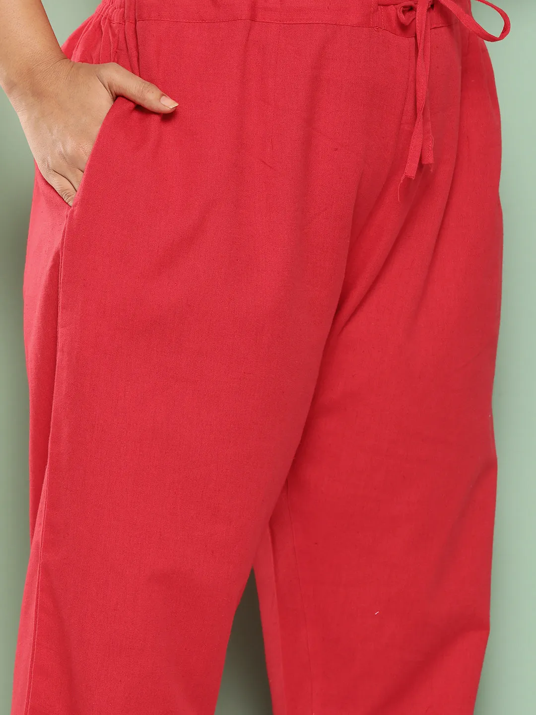 Women Plus Size Red Cotton Trouser