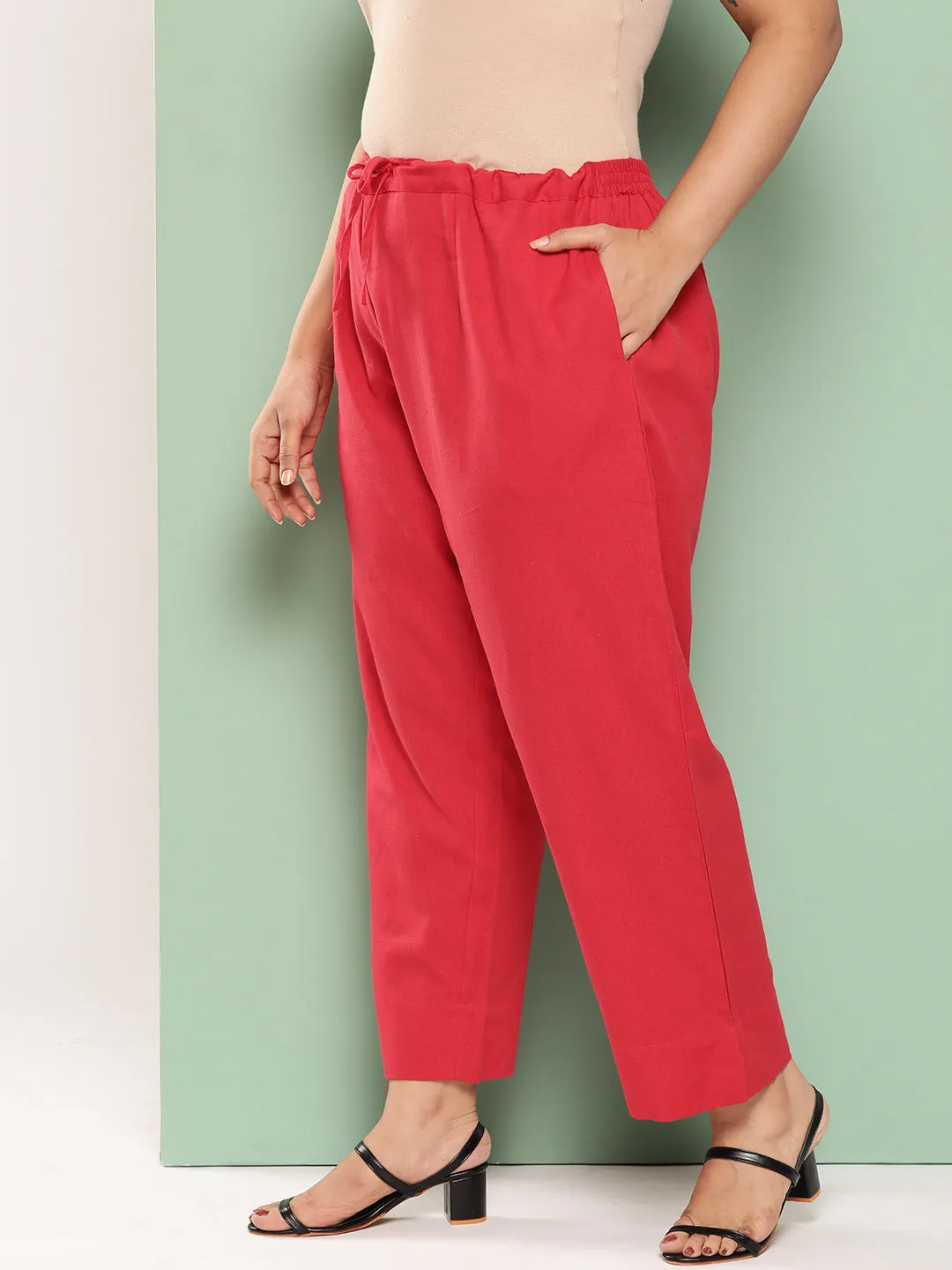 Women Plus Size Red Cotton Trouser