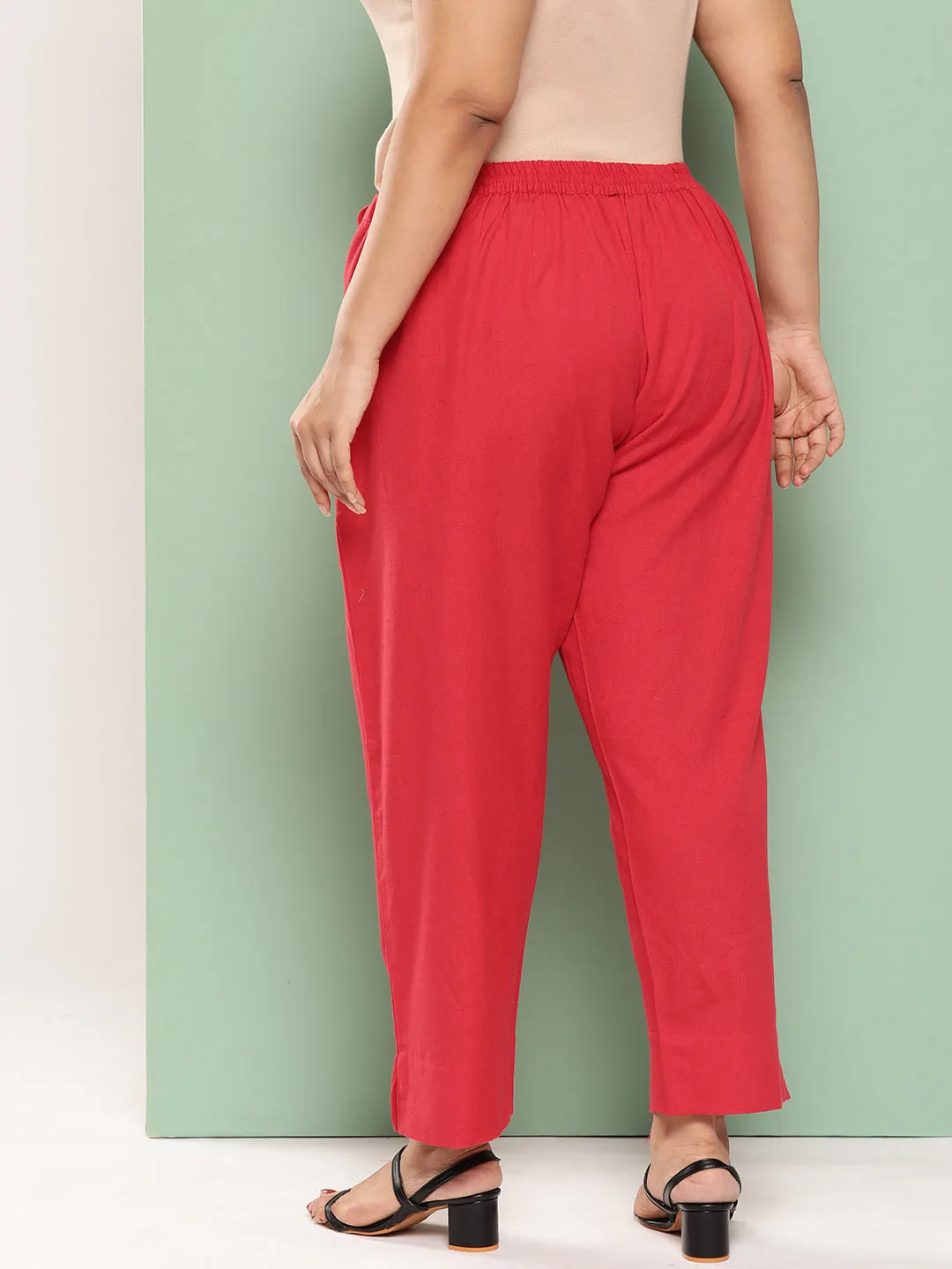 Women Plus Size Red Cotton Trouser