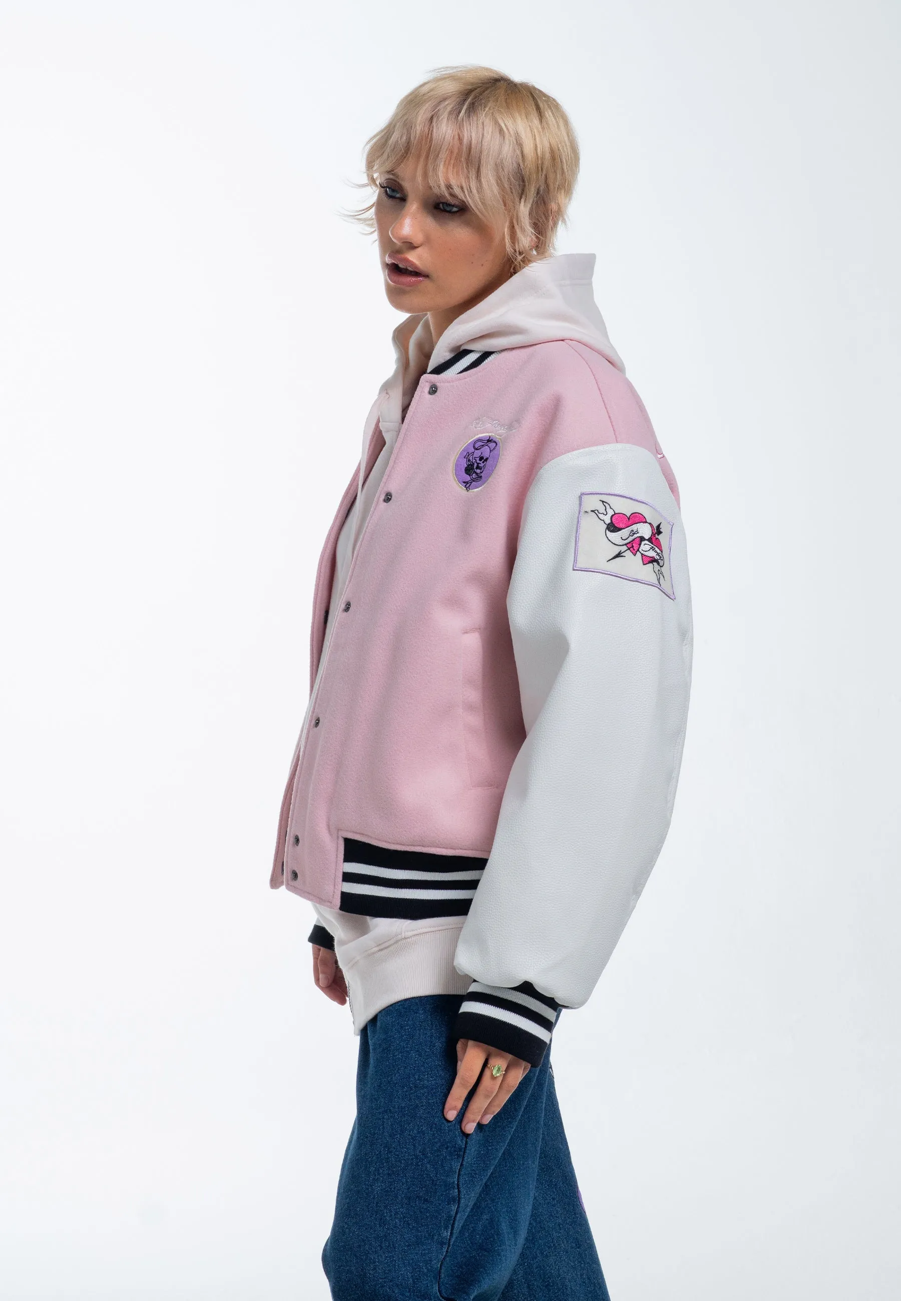 Womens Love Wrapped Varsity Bomber Jacket - Pink