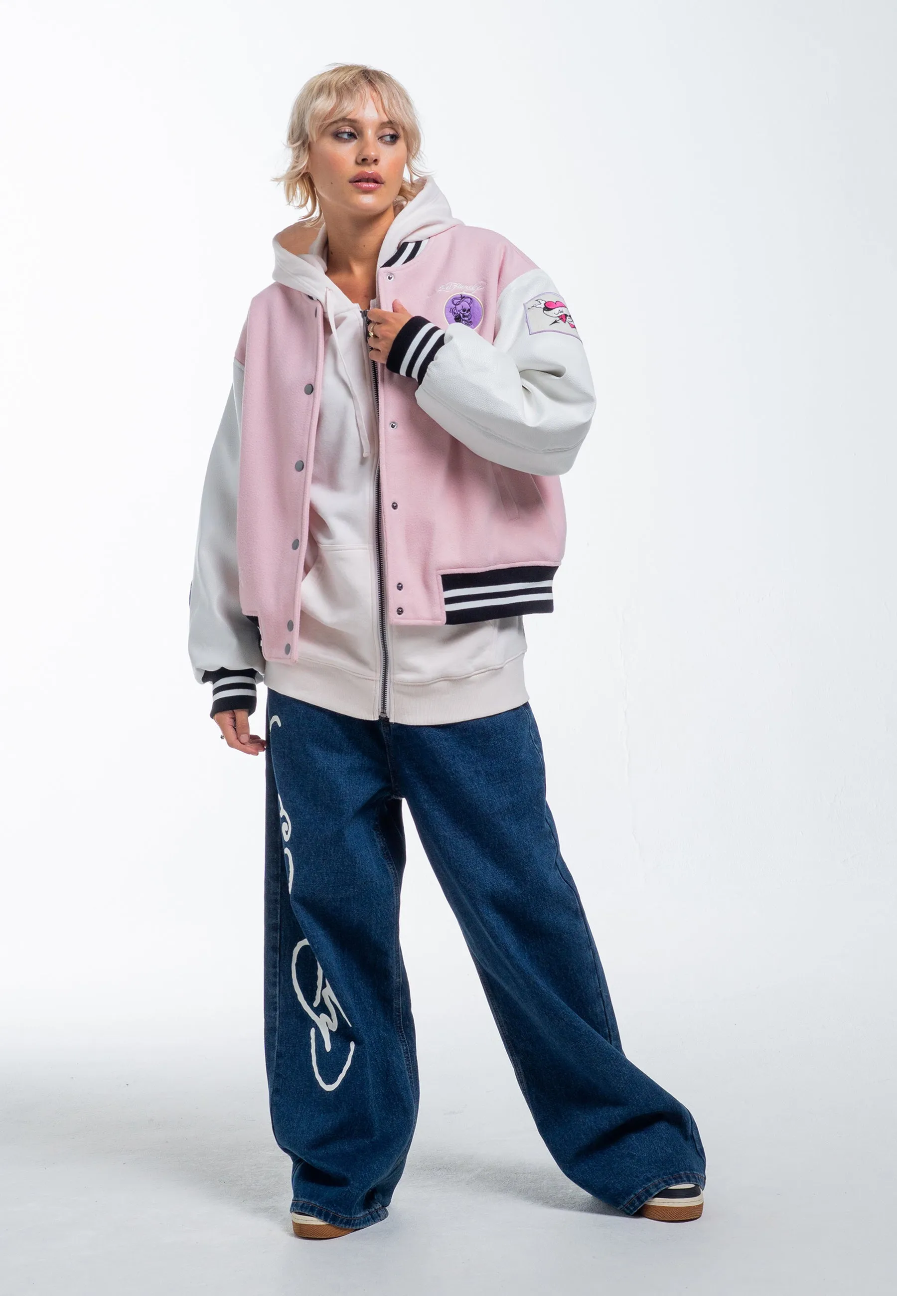 Womens Love Wrapped Varsity Bomber Jacket - Pink